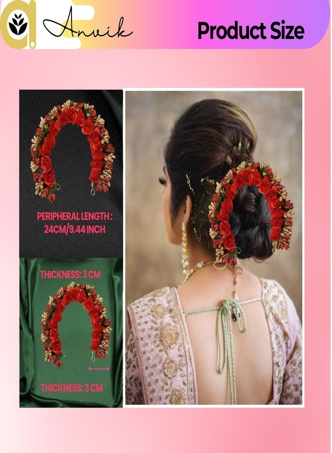 ANVIK Fancy Party Bridal Wedding Fabric/Artificial Rose Flower Bun Juda Hair Gajra for Women Flower Floral Hair Accessories for women Veni for hair (Red) - Image 3
