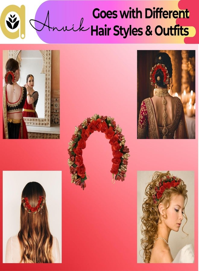 ANVIK Fancy Party Bridal Wedding Fabric/Artificial Rose Flower Bun Juda Hair Gajra for Women Flower Floral Hair Accessories for women Veni for hair (Red) - Image 4