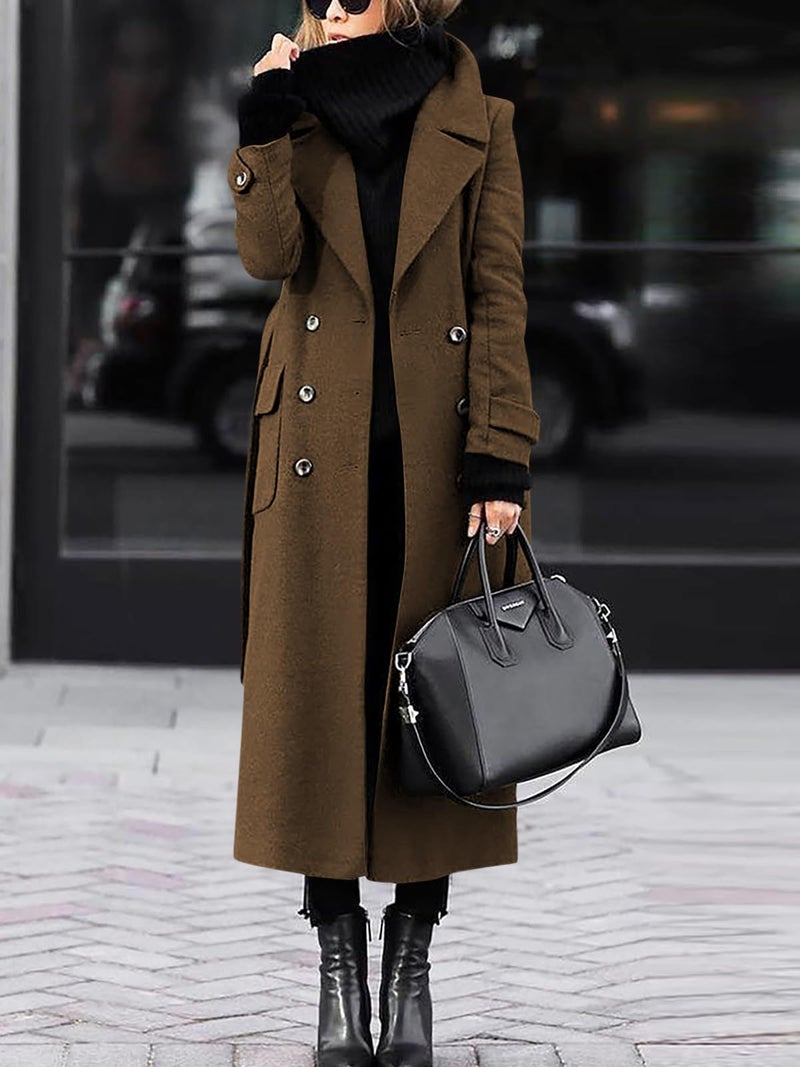 ebossy Women s Winter Double Breasted Wool Coat Elegant Notched Lapel Belted Mid Long Pea Trench Coat (L, Brown) - Image 2