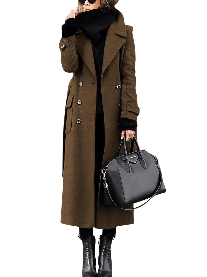 ebossy Women s Winter Double Breasted Wool Coat Elegant Notched Lapel Belted Mid Long Pea Trench Coat (L, Brown) - Image 1