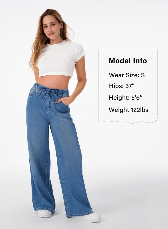 roswear Womens Jeans Sweatpant Loose Fit Pull On Elastic Waist Front Seam Streetwear Pants, Indigo Blue, M - Image 4