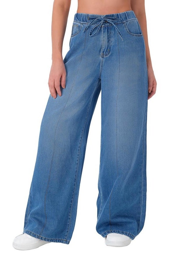 roswear Womens Jeans Sweatpant Loose Fit Pull On Elastic Waist Front Seam Streetwear Pants, Indigo Blue, M - Image 1