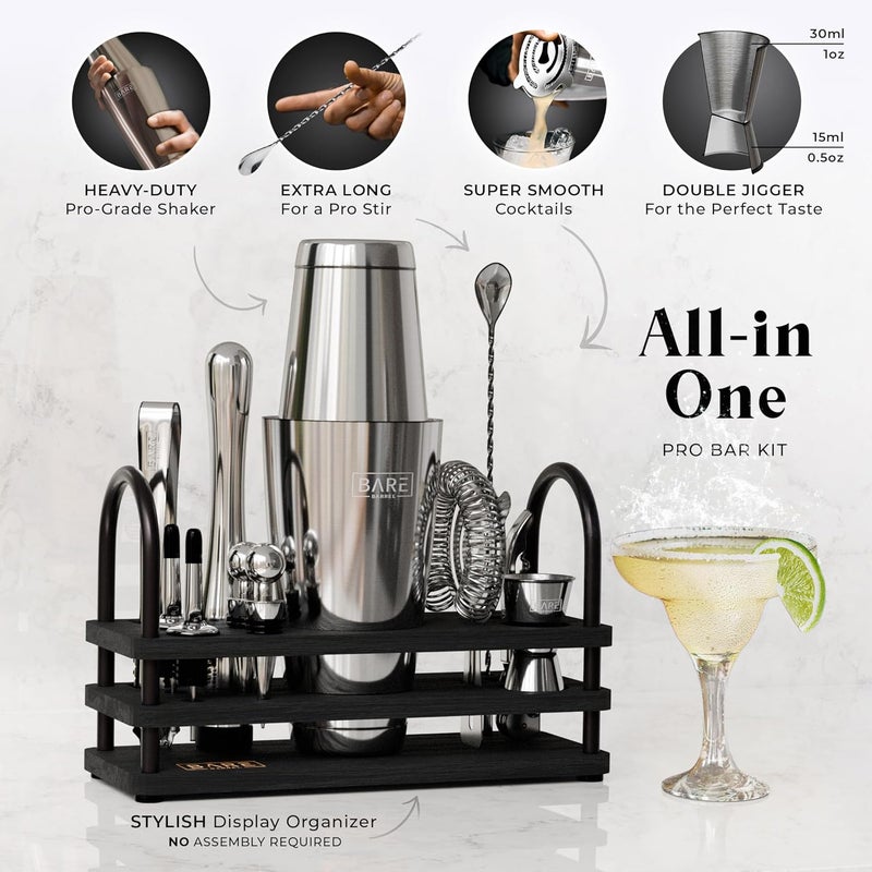 Bare Barrel ® Mixology Bartender Kit Bar Set | 14-Piece Cocktail Shaker Set | Martini Barware Mixing Tools for Home Bartending | 35 Recipe Cards | Gift Set (28oz Boston Shaker, Silver/Black) - Image 2