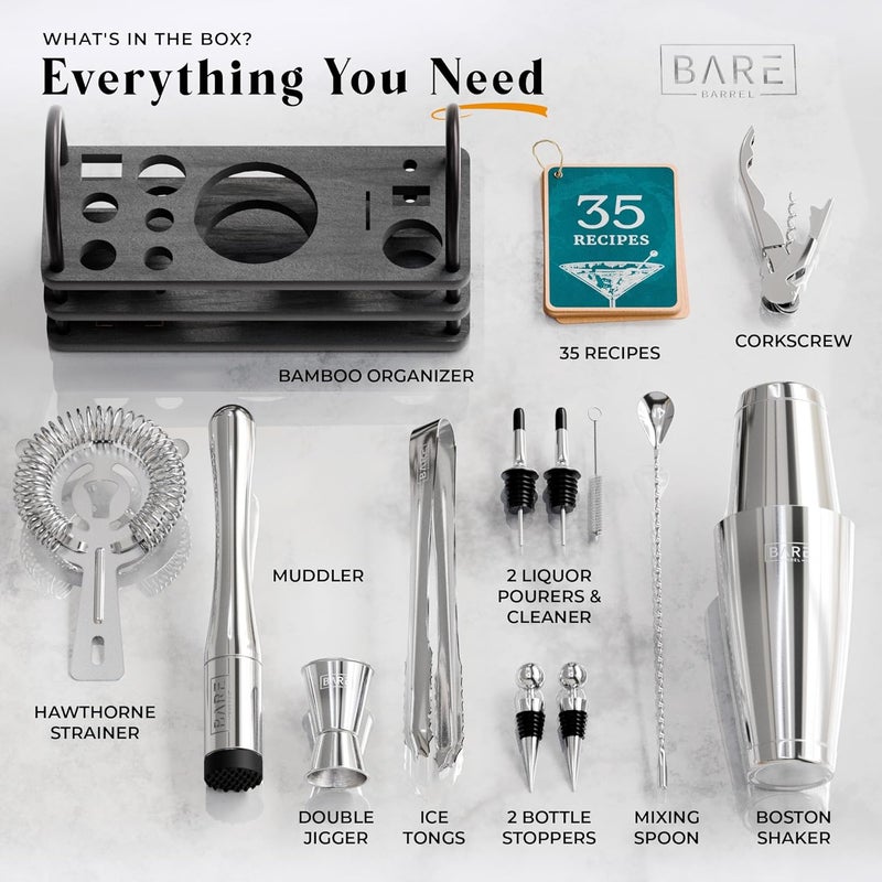 Bare Barrel ® Mixology Bartender Kit Bar Set | 14-Piece Cocktail Shaker Set | Martini Barware Mixing Tools for Home Bartending | 35 Recipe Cards | Gift Set (28oz Boston Shaker, Silver/Black) - Image 4