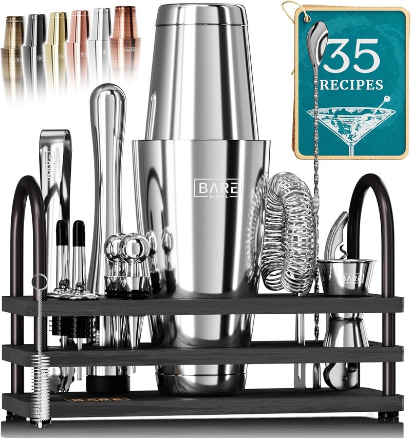 Bare Barrel ® Mixology Bartender Kit Bar Set | 14-Piece Cocktail Shaker Set | Martini Barware Mixing Tools for Home Bartending | 35 Recipe Cards | Gift Set (28oz Boston Shaker, Silver/Black) - Image 1