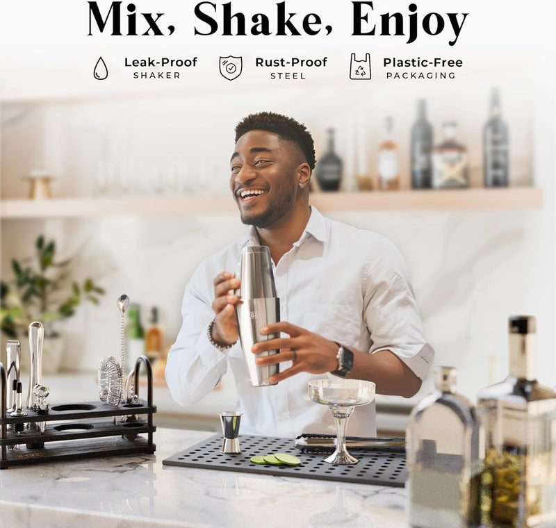 Bare Barrel ® Mixology Bartender Kit Bar Set | 14-Piece Cocktail Shaker Set | Martini Barware Mixing Tools for Home Bartending | 35 Recipe Cards | Gift Set (28oz Boston Shaker, Silver/Black) - Image 3