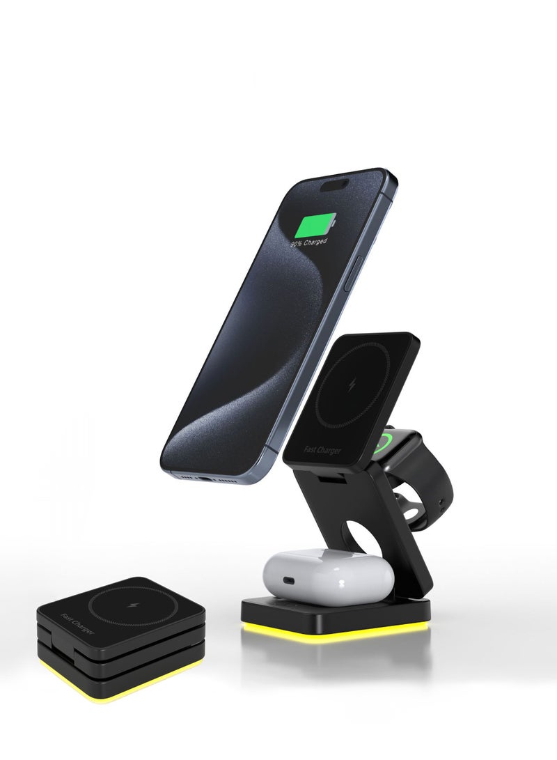 Jourvent 15W Magnetic 3-in-1 Wireless Charging Station – A Sleek, Foldable Charging Base With An Illuminated Stand, Designed For MagSafe-Compatible Devices. Efficiently Powers Your Smartphone, Smartwatch, An - Image 1