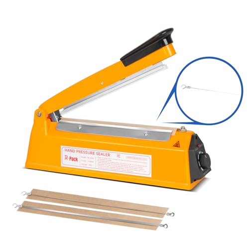 R-PACK Impulse Heat Sealer with Cutter, Heavy-Duty Bag Sealing & Cutting Machine, 2 Extra Replacements（Orange, 8inch） - Image 1