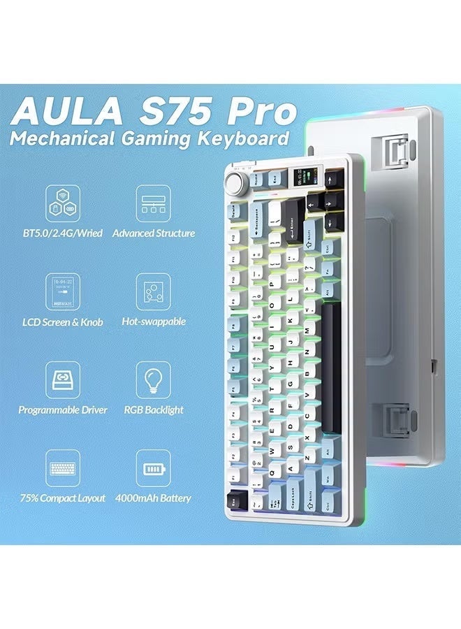AULA S75 PRO Wireless Mechanical Keyboard with Screen&Knob, 75% Hot Swappable Gaming Keyboard with Pre-lubed Switches, RGB Backlit, PBT Keycaps Creamy Sounding Pc Gaming Keyboards - Image 2