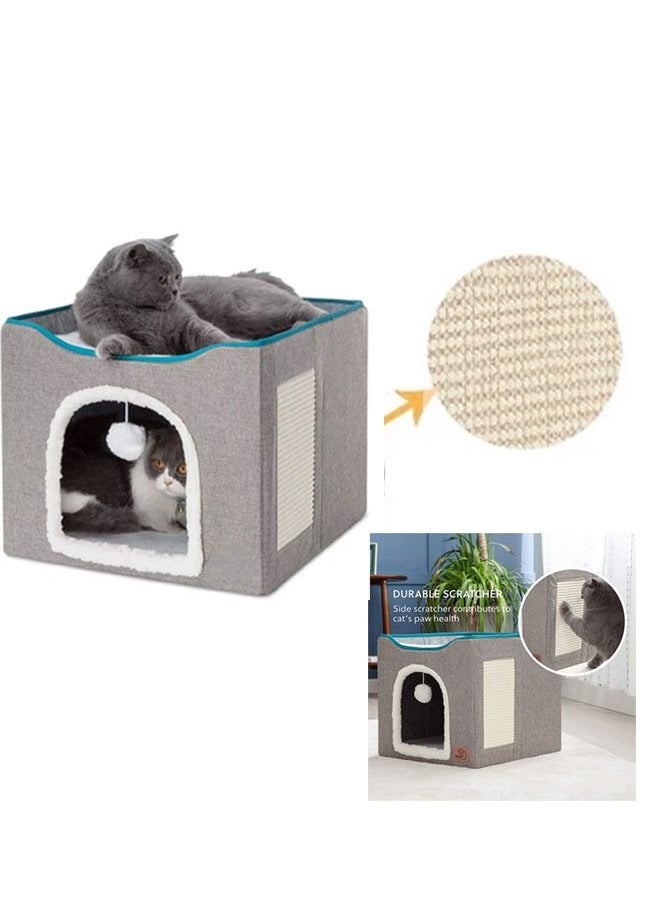 HQ-GAMING Ali Cat Beds For Indoor Cats -Large Cat Cave For Pet Cat House With Fluffy Ball Hanging And Scratch Pad Foldable Cat Hidewawy For Indoor Cats Cat Nest Foldable Cat Cube Cave- Large (Grey) 42x42x36 Cm  - Image 3