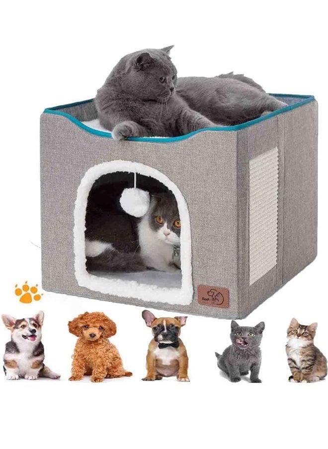 HQ-GAMING Ali Cat Beds For Indoor Cats -Large Cat Cave For Pet Cat House With Fluffy Ball Hanging And Scratch Pad Foldable Cat Hidewawy For Indoor Cats Cat Nest Foldable Cat Cube Cave- Large (Grey) 42x42x36 Cm  - Image 1