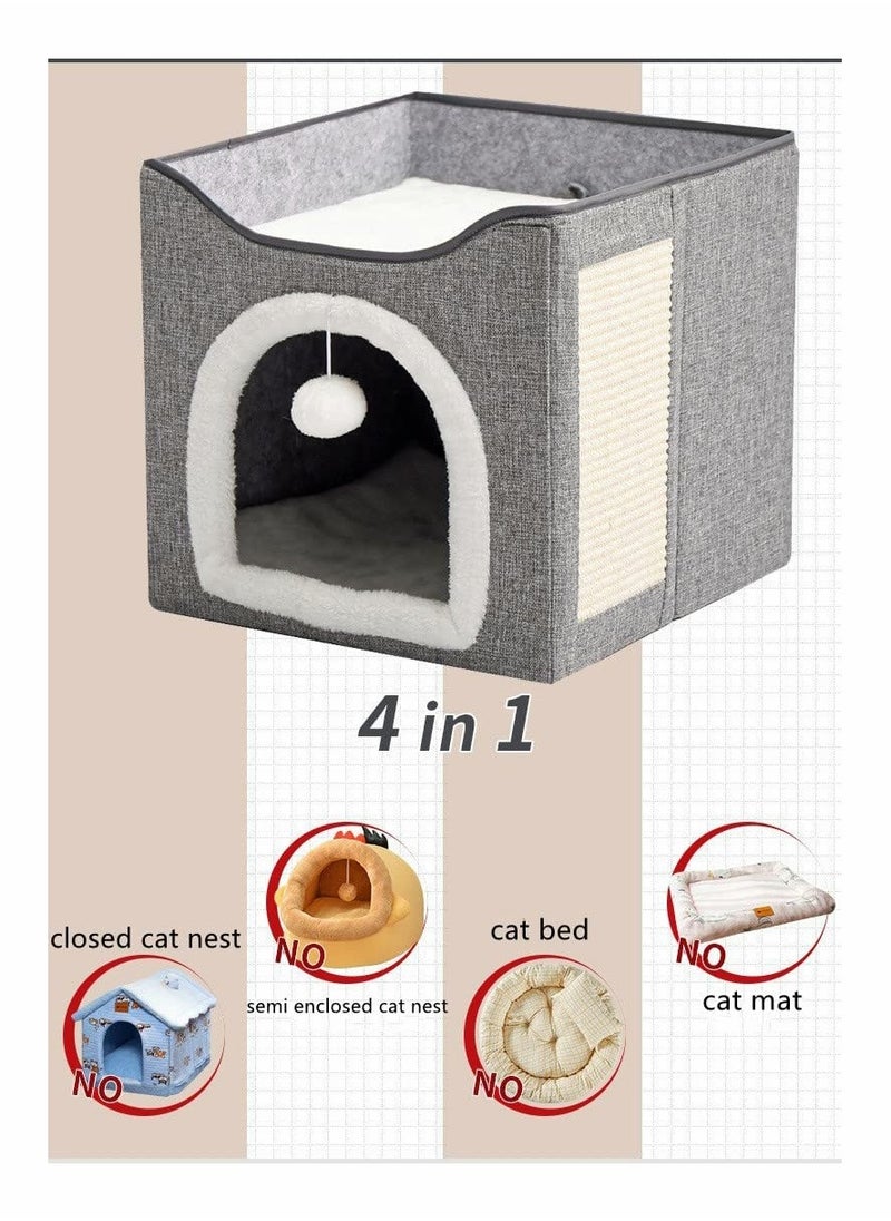 HQ-GAMING Ali Cat Beds For Indoor Cats -Large Cat Cave For Pet Cat House With Fluffy Ball Hanging And Scratch Pad Foldable Cat Hidewawy For Indoor Cats Cat Nest Foldable Cat Cube Cave- Large (Grey) 42x42x36 Cm  - Image 4