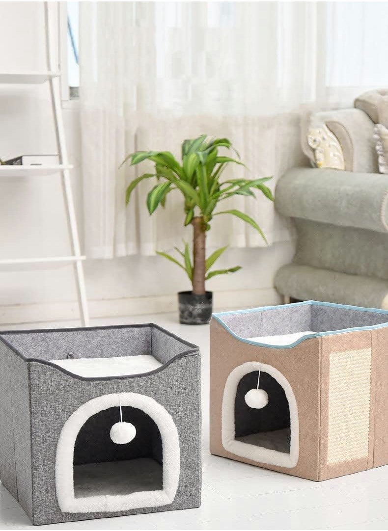 HQ-GAMING - Ali Cat Beds For Indoor Cats -Large Cat Cave For Pet Cat House With Fluffy Ball Hanging And Scratch Pad Foldable Cat Hidewawy For Indoor Cats Cat Nest Foldable Cat Cube Cave- Large (Grey) 42x42x36 Cm - Image 1