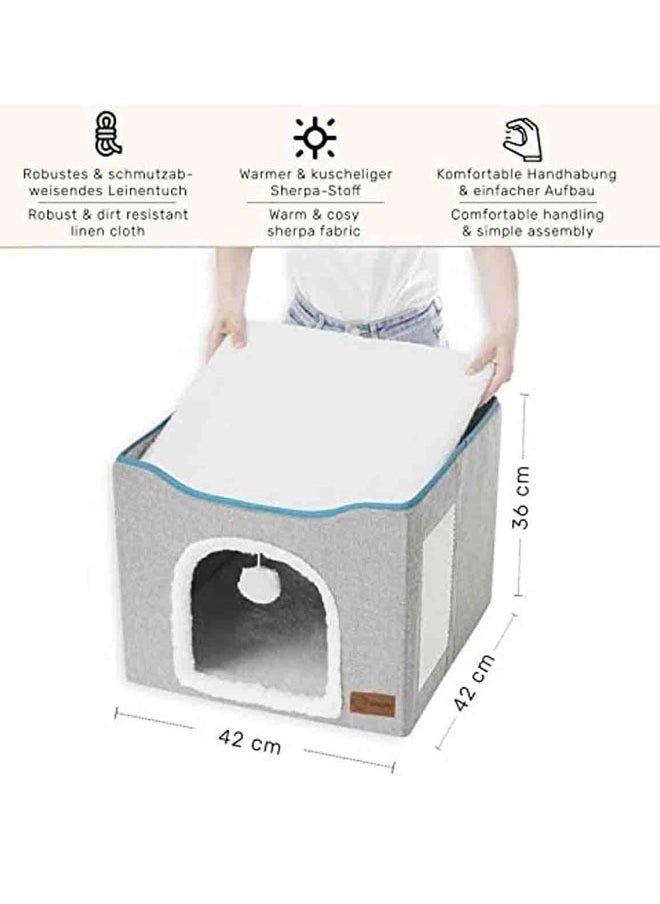 HQ-GAMING Ali Cat Beds For Indoor Cats -Large Cat Cave For Pet Cat House With Fluffy Ball Hanging And Scratch Pad Foldable Cat Hidewawy For Indoor Cats Cat Nest Foldable Cat Cube Cave- Large (Grey) 42x42x36 Cm  - Image 2