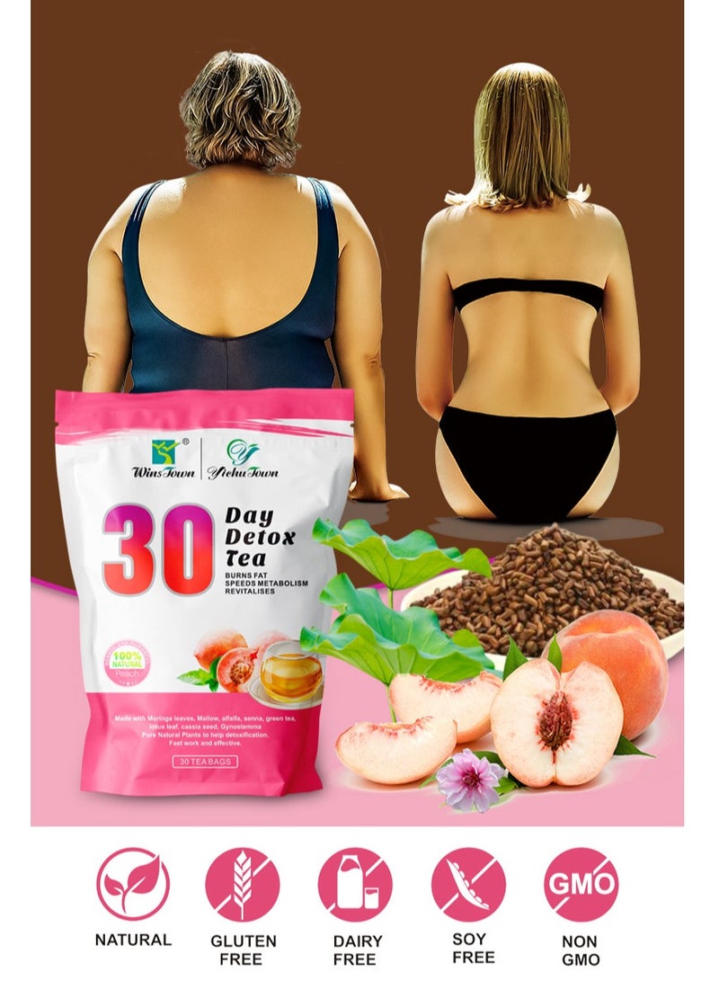 وينز تاون شاي التخلص من السموم لمدة 30 يومًا بنكهة الخوخ وحرق الدهون والشاي النحيف المناسب - Image 2