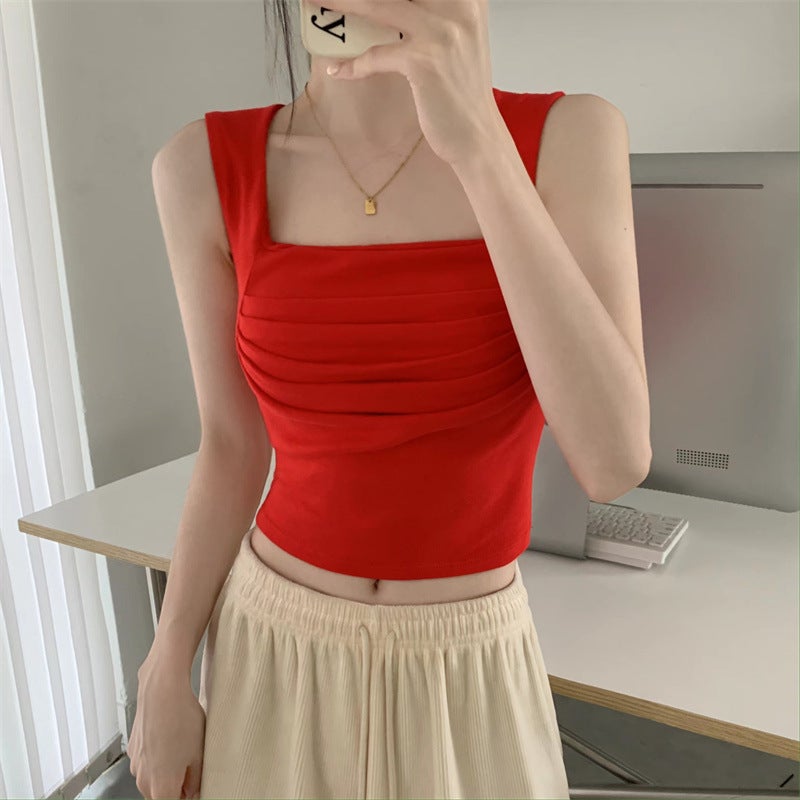 Summer American Style Girl Pleated Square Collar Sleeveless Top Short Pure Tight Outer Wear Base Vintage Tank T-Shirt - Image 1
