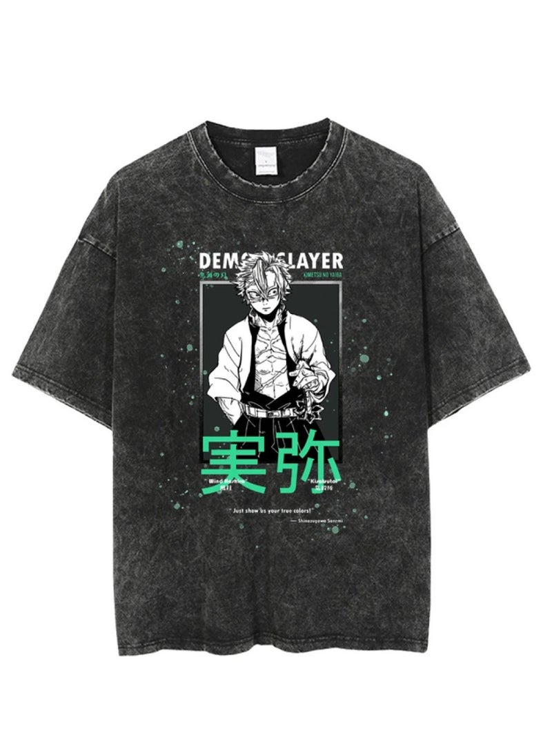Washed retro T-shirt street hip hop anime Demon Slayer Kimetsu No Yaiba casual cotton summer short sleeves - Image 1