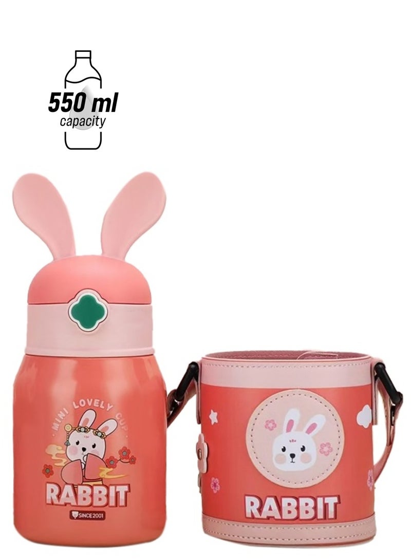 LITTLE SURPRISE BOX Pink Flower Rabbit Ear Stainless Steel Water Bottle with bottle Holder for Kids and Toddlers 550 ml  - Image 1