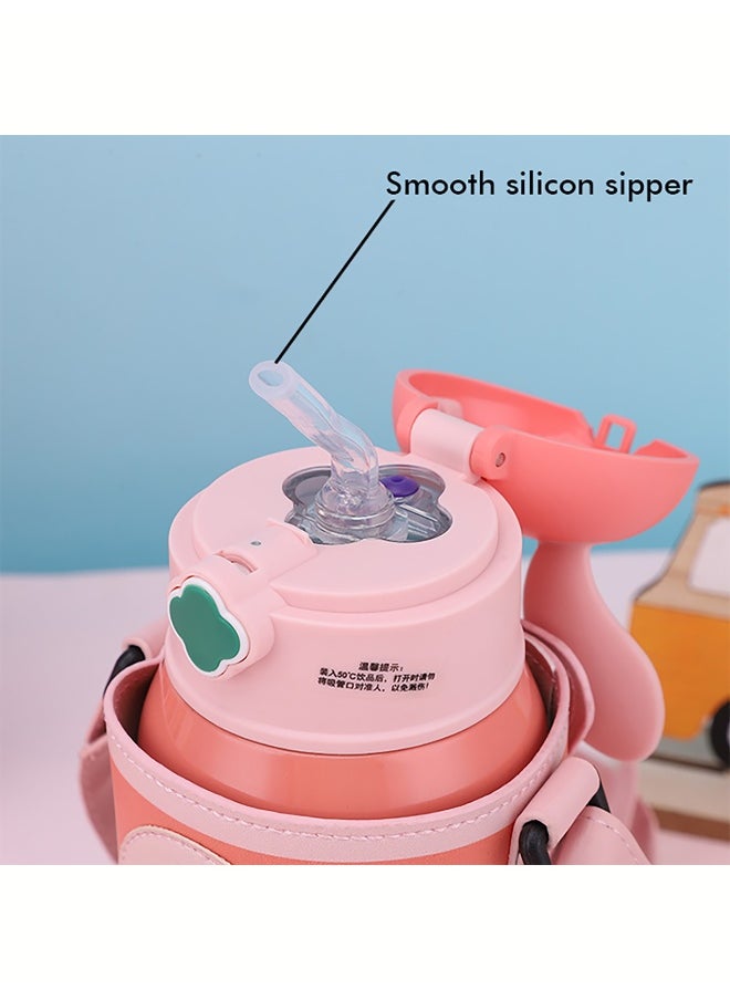 LITTLE SURPRISE BOX Pink Flower Rabbit Ear Stainless Steel Water Bottle with bottle Holder for Kids and Toddlers 550 ml  - Image 4