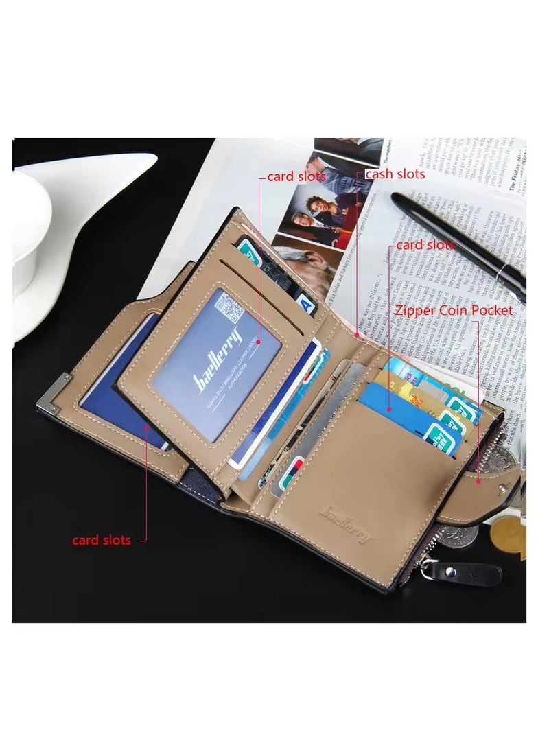 baellerry - Short travel wallet Vintage mini bifold wallet zipper card holders coin purse leather wallet - Image 1