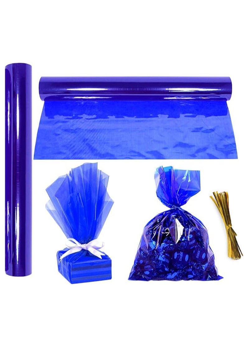 Apustim 30m Long x 40cm Wide Blue Cellophane Wrapping Roll With 100 Ties，Translucent Cellophane Wrapping Paper For Gift Baskets，DIY Arts And Crafts Decoration，Candy  - Image 1
