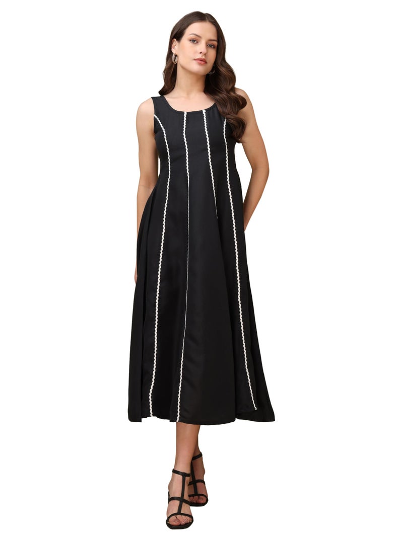 PURVAJA Women’s Round Neck Flared Cotton Blend Dress (Floe-045-XL_Black) - Image 1