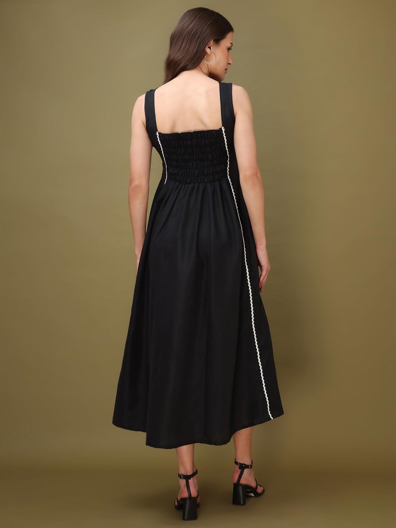 PURVAJA Women’s Round Neck Flared Cotton Blend Dress (Floe-045-XL_Black) - Image 3