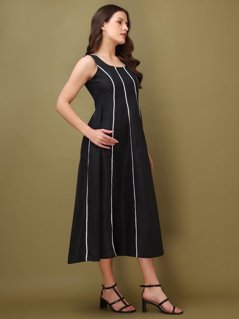 PURVAJA Women’s Round Neck Flared Cotton Blend Dress (Floe-045-XL_Black) - Image 2
