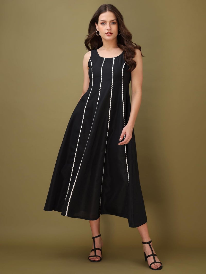 PURVAJA Women’s Round Neck Flared Cotton Blend Dress (Floe-045-XL_Black) - Image 4