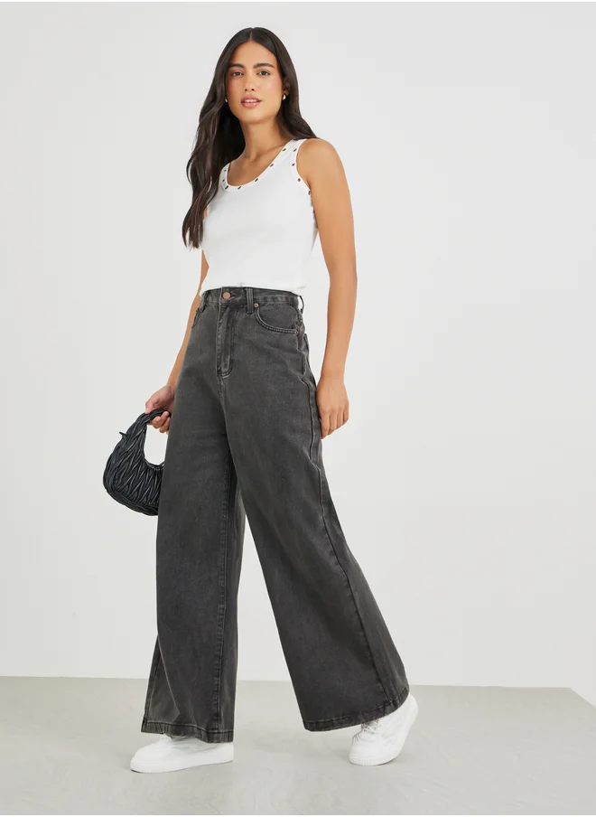 Styli Styli Acid Wash Mid Rise Wide Leg Jeans