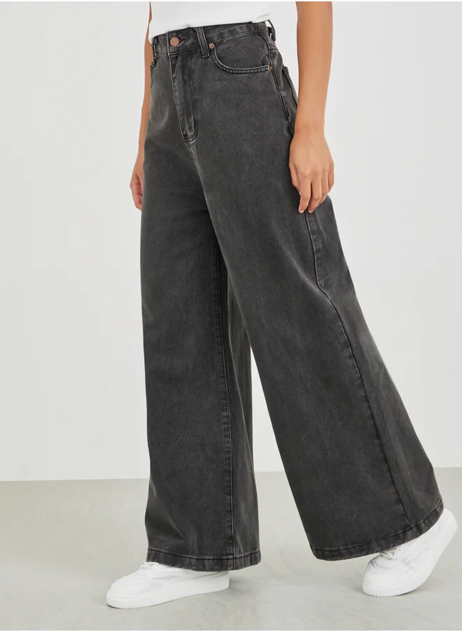 Styli Styli Acid Wash Mid Rise Wide Leg Jeans