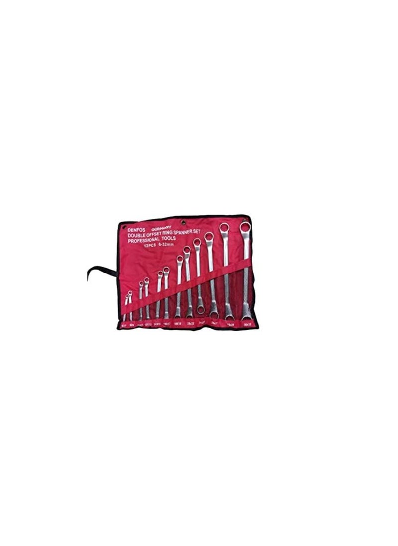 DENFOS - 12 Piece Double Offset Ring End Spanner Set - Metric Sizes 6-32mm - High Strength Cr-V Sand Blown Steel Wrench with Roll Bag - Image 1