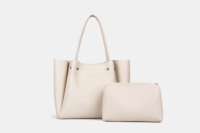 ZA Cross-Border Womens Bag New Large Capacity Soft Leather Shopping Bag Single Shoulder Handheld Commute Tote Bag Artificial Le Beige with small bag 