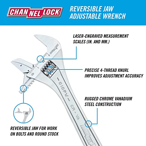 Channellock 810PW 10" Reversible Jaw Adjustable Wrench/PIPE Wrench, Chrome - Image 2