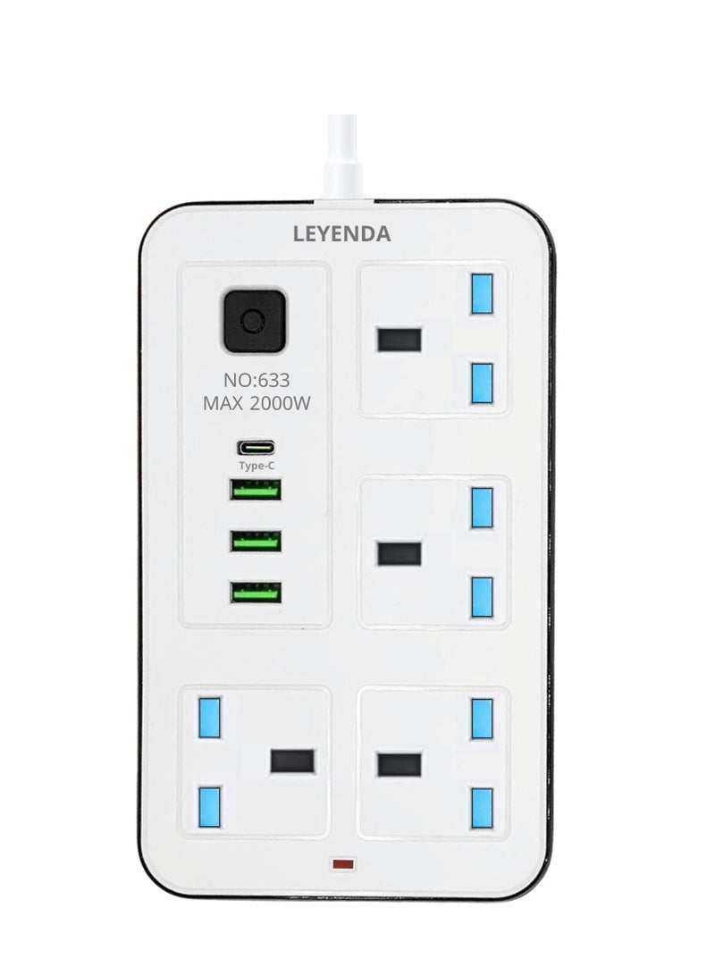 سلك تمديد عالمي بطول 3 أمتار مزود بـ 4 مقابس طاقة و3 فتحات USB، شريط طاقة بطول 3 أمتار بأربعة اتجاهات مع فتحة شحن USB من النوع C PD، سلك تمديد بطول 3 أمتار 3 م  - Image 1