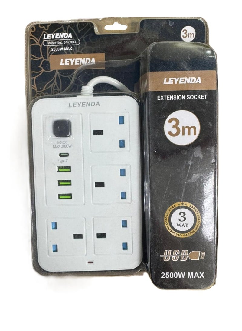 سلك تمديد عالمي بطول 3 أمتار مزود بـ 4 مقابس طاقة و3 فتحات USB، شريط طاقة بطول 3 أمتار بأربعة اتجاهات مع فتحة شحن USB من النوع C PD، سلك تمديد بطول 3 أمتار 3 م  - Image 2