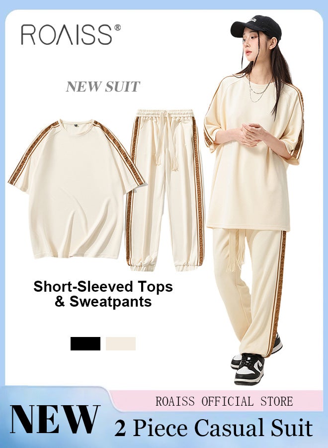 roaiss 2 Pcs Unisex Casual Sportswear Set for Couples with Stylish Printed Design Short Sleeve T-Shirt and Loose-Fit Pants Combo Skin Friendly Fabric Soft and Breathable - Image 1