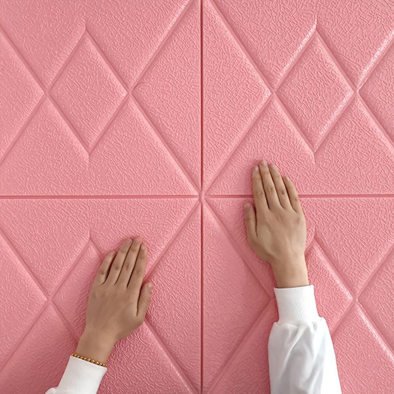 1 Pcs Aluminum 27.56 X 27.56 Inch Cuttable Self Adhesive 3D Foam Wall Sticker Diamond Pattern Faux Leather Texture Waterproof Stain Resistant Collision Proof Wall Decor For Bedroom Living Room TV Background - Image 3