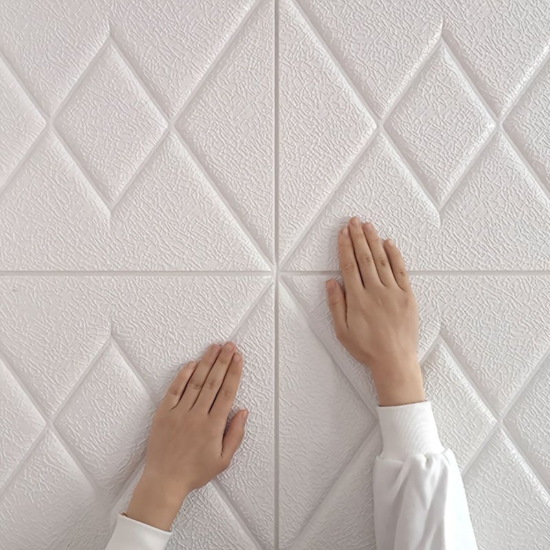 1 Pcs Aluminum 27.56 X 27.56 Inch Cuttable Self Adhesive 3D Foam Wall Sticker Diamond Pattern Faux Leather Texture Waterproof Stain Resistant Collision Proof Wall Decor For Bedroom Living Room TV Background - Image 2