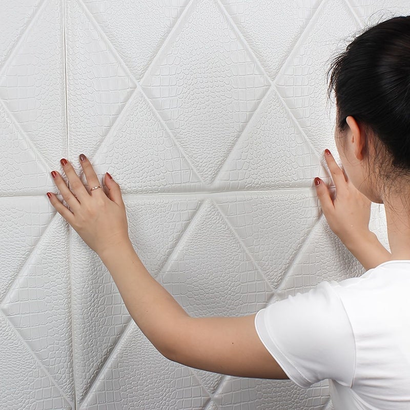 1 Pcs Aluminum 27.56 X 27.56 Inch Cuttable Self Adhesive 3D Foam Wall Sticker Diamond Pattern Faux Leather Texture Waterproof Stain Resistant Collision Proof Wall Decor For Bedroom Living Room TV Background - Image 4