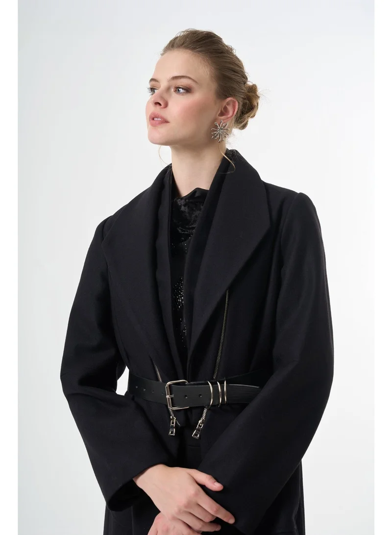 MissWhence  zipper detailed felted coat - Black for Women | Best Price UAE