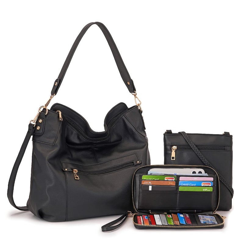 Idesort Large Crossbody Bags Ladies Shoulder Handbags Purse and Wallet Set for Women Hobo Purses Black - Image 1