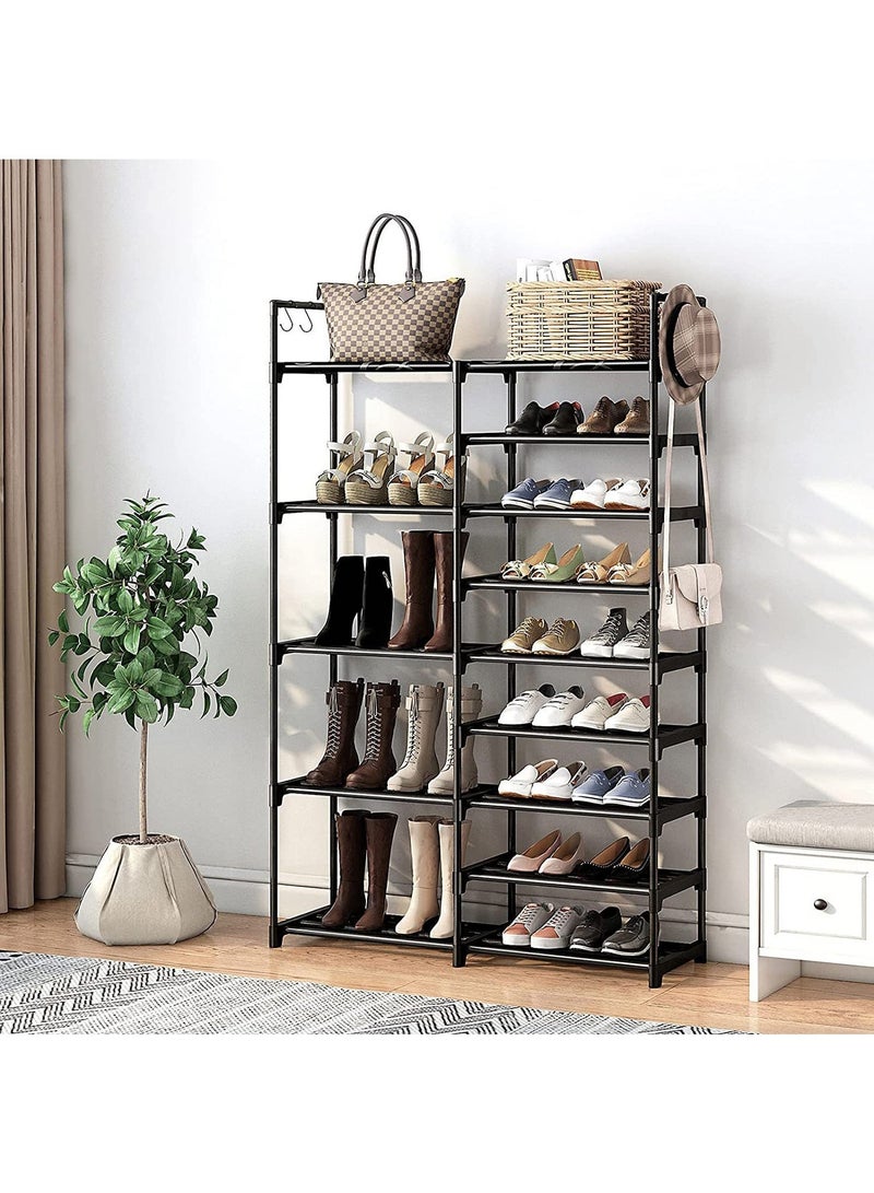 ADEBOLA Large 9 Tiers Shoe Rack, Tall Shoes Rack Shelves with 4 Hooks, Sturdy Shoes Organizer for 28-33 Pairs, Space Saving Shoe Storage Shelf for Entryway, Closet, Bedroom - Image 4
