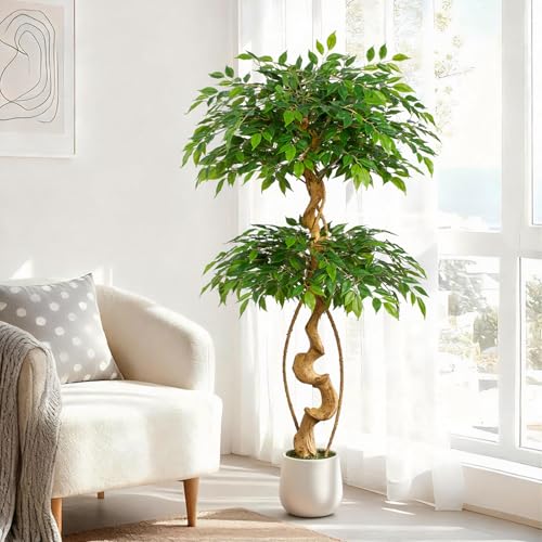 Keeplush 5ft Large Ficus Artificial Trees in White Pot 60 Tall Fake Silk Tree with Natural Curved Trunk Lush Faux Ficus Tree for Indoor Home Decor Living Room Office Patio - Image 1