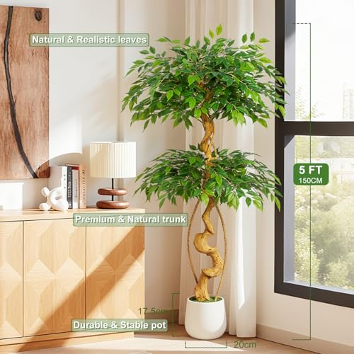 Keeplush 5ft Large Ficus Artificial Trees in White Pot 60 Tall Fake Silk Tree with Natural Curved Trunk Lush Faux Ficus Tree for Indoor Home Decor Living Room Office Patio - Image 3