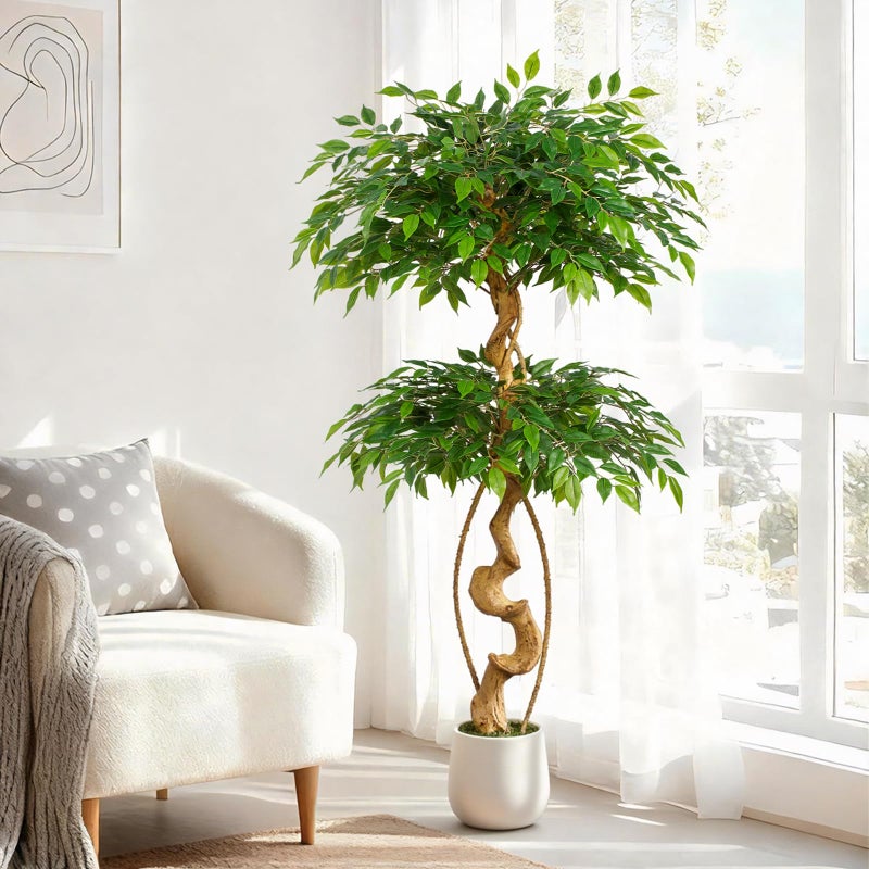 Keeplush 5ft Large Ficus Artificial Trees in White Pot 60 Tall Fake Silk Tree with Natural Curved Trunk Lush Faux Ficus Tree for Indoor Home Decor Living Room Office Patio - Image 2