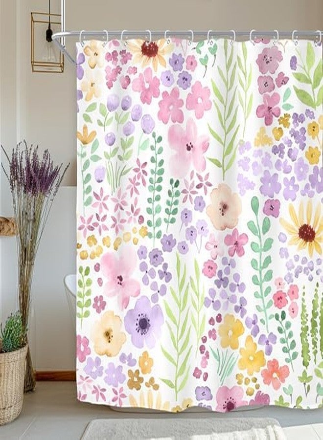 Riyidecor Pink Purple Cute Floral Shower Curtain for Bathroom Decor 72Wx72H Boho Spring Kids Girls Wildflower Watercolor Plant Botanical Art Printed Fabric Polyester Waterproof 12 Pack Plastic Hooks - Image 1