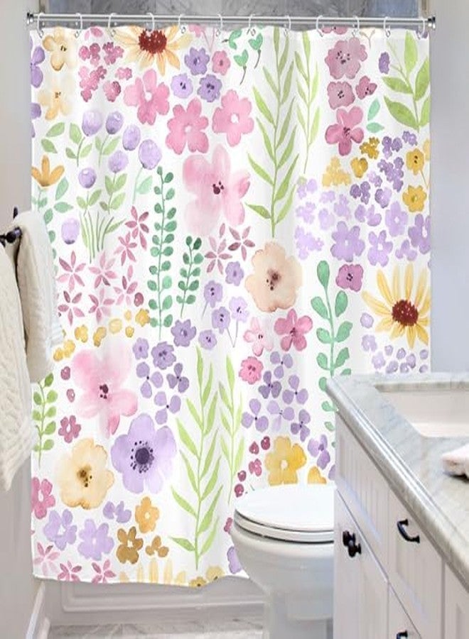 Riyidecor Pink Purple Cute Floral Shower Curtain for Bathroom Decor 72Wx72H Boho Spring Kids Girls Wildflower Watercolor Plant Botanical Art Printed Fabric Polyester Waterproof 12 Pack Plastic Hooks - Image 3