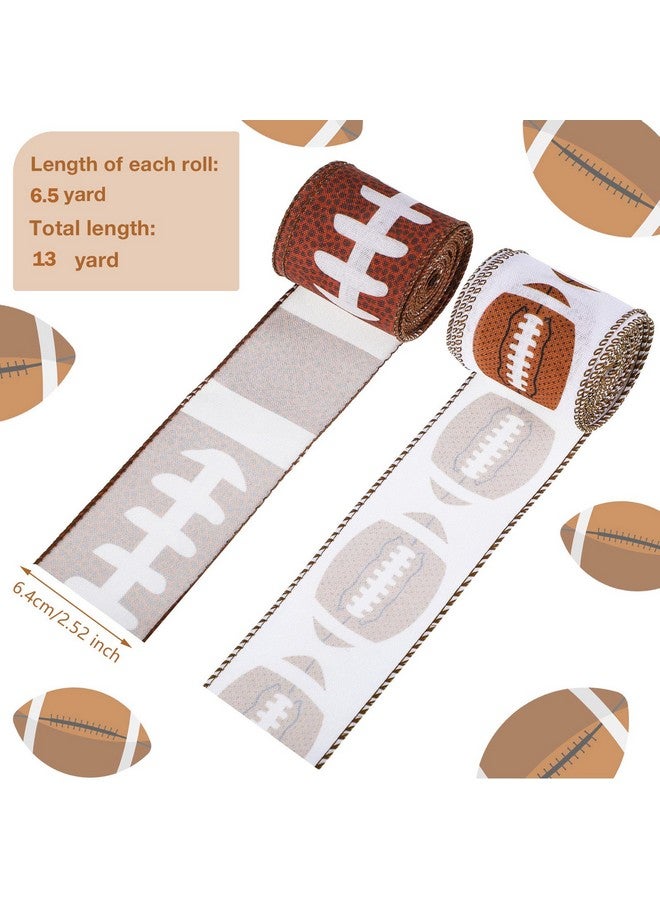 واي دريس 13 ياردة 2.5 بوصة لكرة القدم شريط سلكي كرة رياضية مخططة مطبوعة شريط بوليستر Grosgrain سلكي حافة شريط خيش لكرة القدم موضوع حفلة DIY كرة القدم مروحة إكليل زخرفة بني أبيض 2 لفات - Image 2