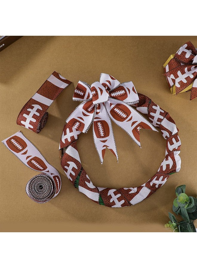 واي دريس 13 ياردة 2.5 بوصة لكرة القدم شريط سلكي كرة رياضية مخططة مطبوعة شريط بوليستر Grosgrain سلكي حافة شريط خيش لكرة القدم موضوع حفلة DIY كرة القدم مروحة إكليل زخرفة بني أبيض 2 لفات - Image 5
